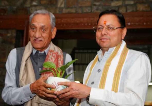 पूर्व मुख्यमंत्री विजय बहुगुणा ने शिष्टाचार भेंट की मुख्यमंत्री धामी से