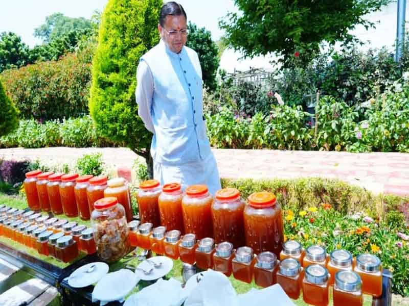 मुख्यमंत्री आवास परिसर में शहद निकालने की प्रक्रिया का अवलोकन किया मुख्यमंत्री धामी ने